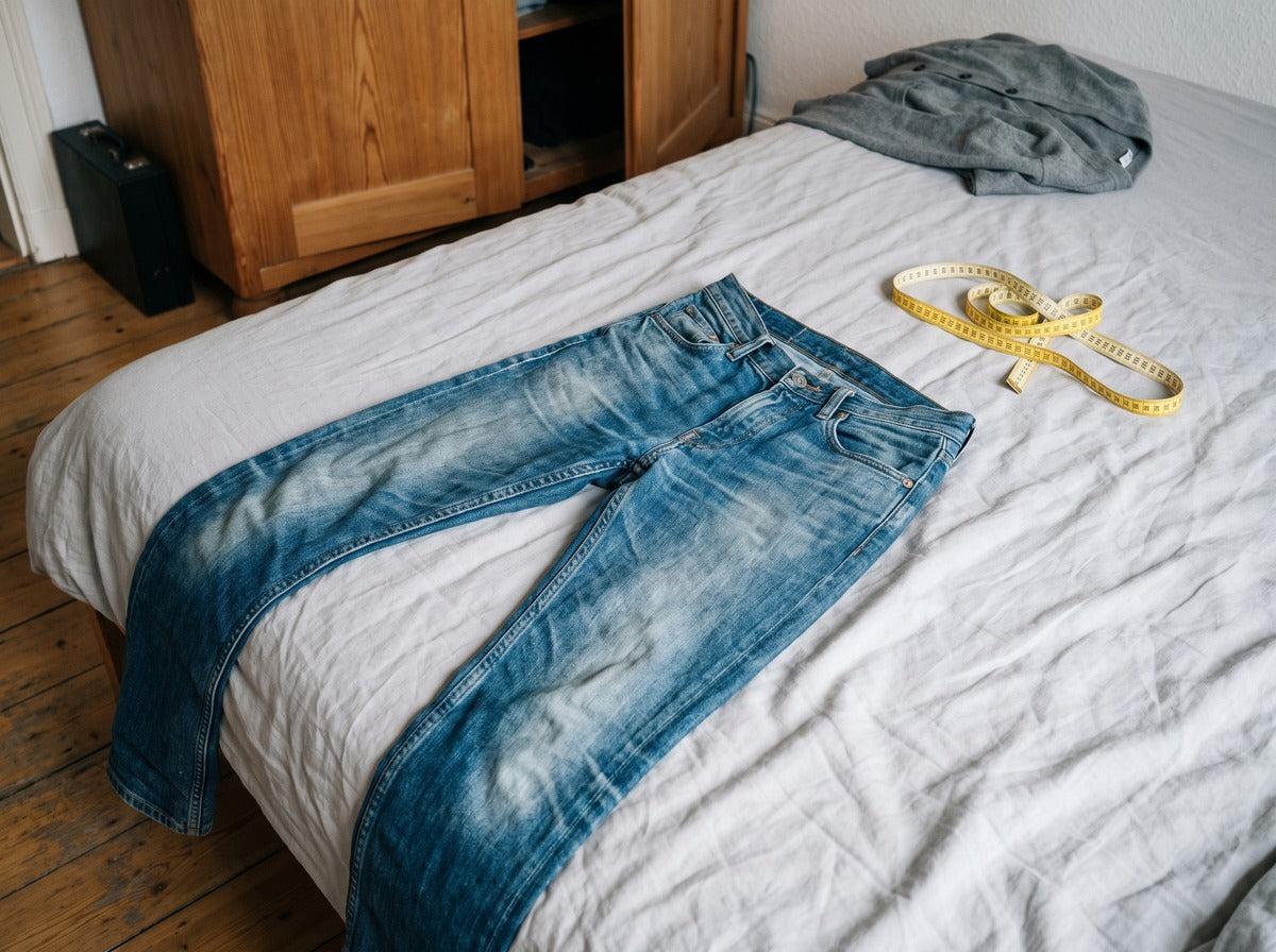 Eine Jeans liegt auf dem Bett, daneben ein Maßband